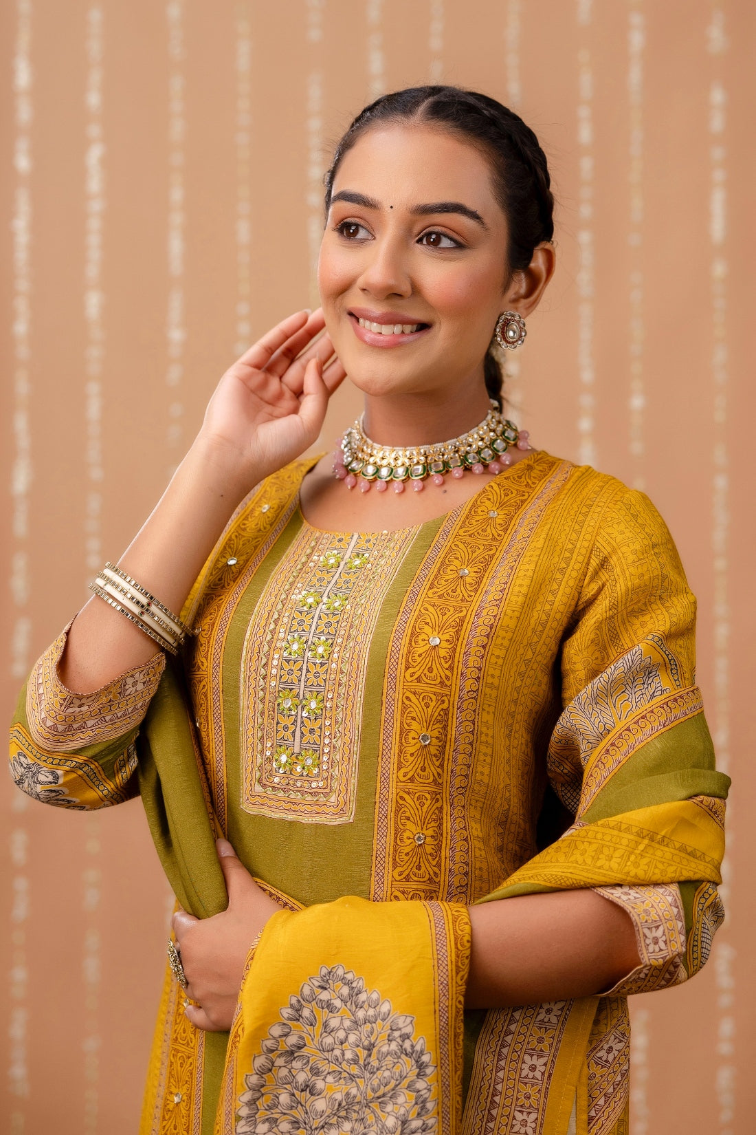 Yellow and Green Tissue Silk Lined Festive Kurta Set with Trousers and Dupatta