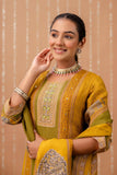 Yellow and Green Tissue Silk Lined Festive Kurta Set with Trousers and Dupatta