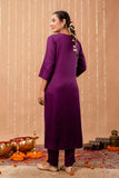 Purple V-neck Hand Embroidered Gaji Silk Kurta Set with Bandhej Dupatta and Trousers