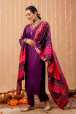 Purple V-neck Hand Embroidered Gaji Silk Kurta Set with Bandhej Dupatta and Trousers