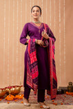 Purple V-neck Hand Embroidered Gaji Silk Kurta Set with Bandhej Dupatta and Trousers