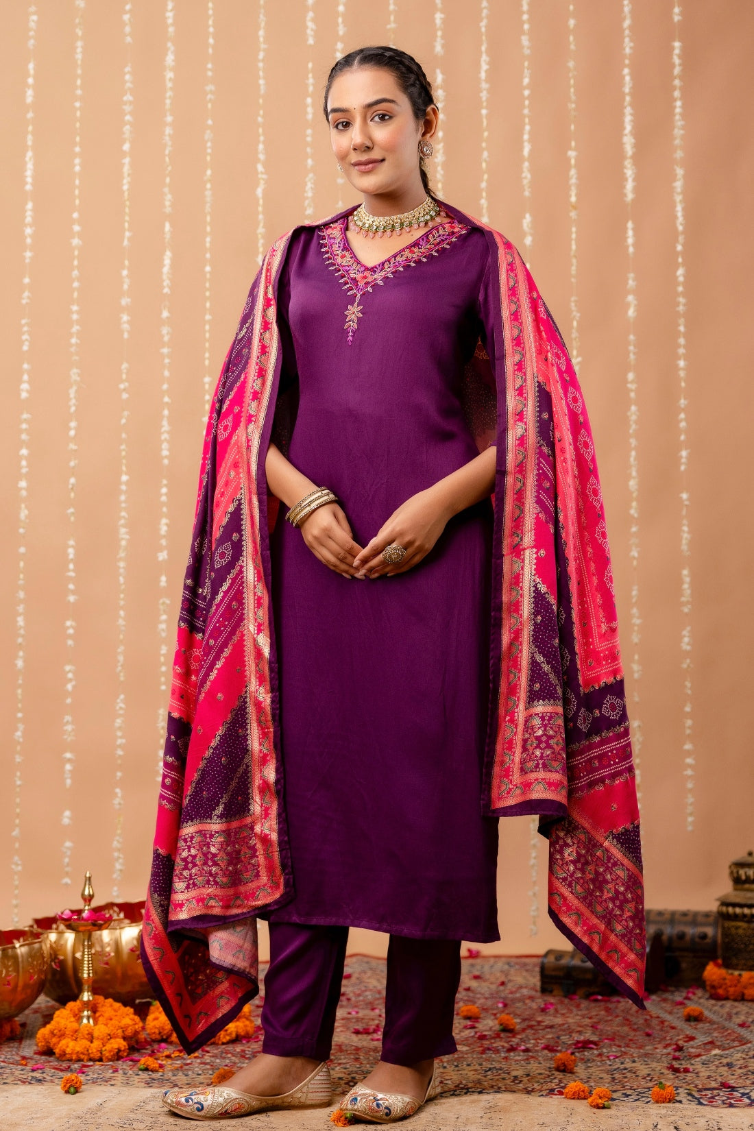Purple V-neck Hand Embroidered Gaji Silk Kurta Set with Bandhej Dupatta and Trousers