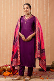 Purple V-neck Hand Embroidered Gaji Silk Kurta Set with Bandhej Dupatta and Trousers