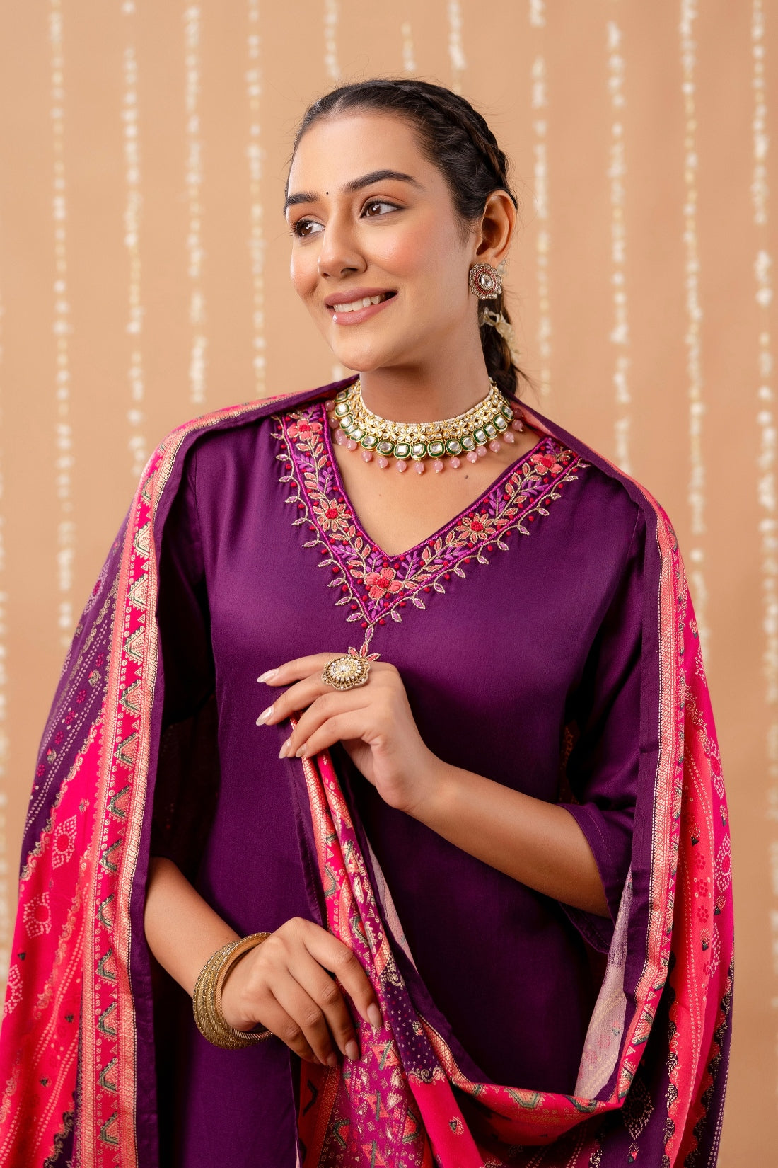 Purple V-neck Hand Embroidered Gaji Silk Kurta Set with Bandhej Dupatta and Trousers