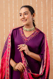 Purple V-neck Hand Embroidered Gaji Silk Kurta Set with Bandhej Dupatta and Trousers