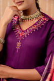 Purple V-neck Hand Embroidered Gaji Silk Kurta Set with Bandhej Dupatta and Trousers