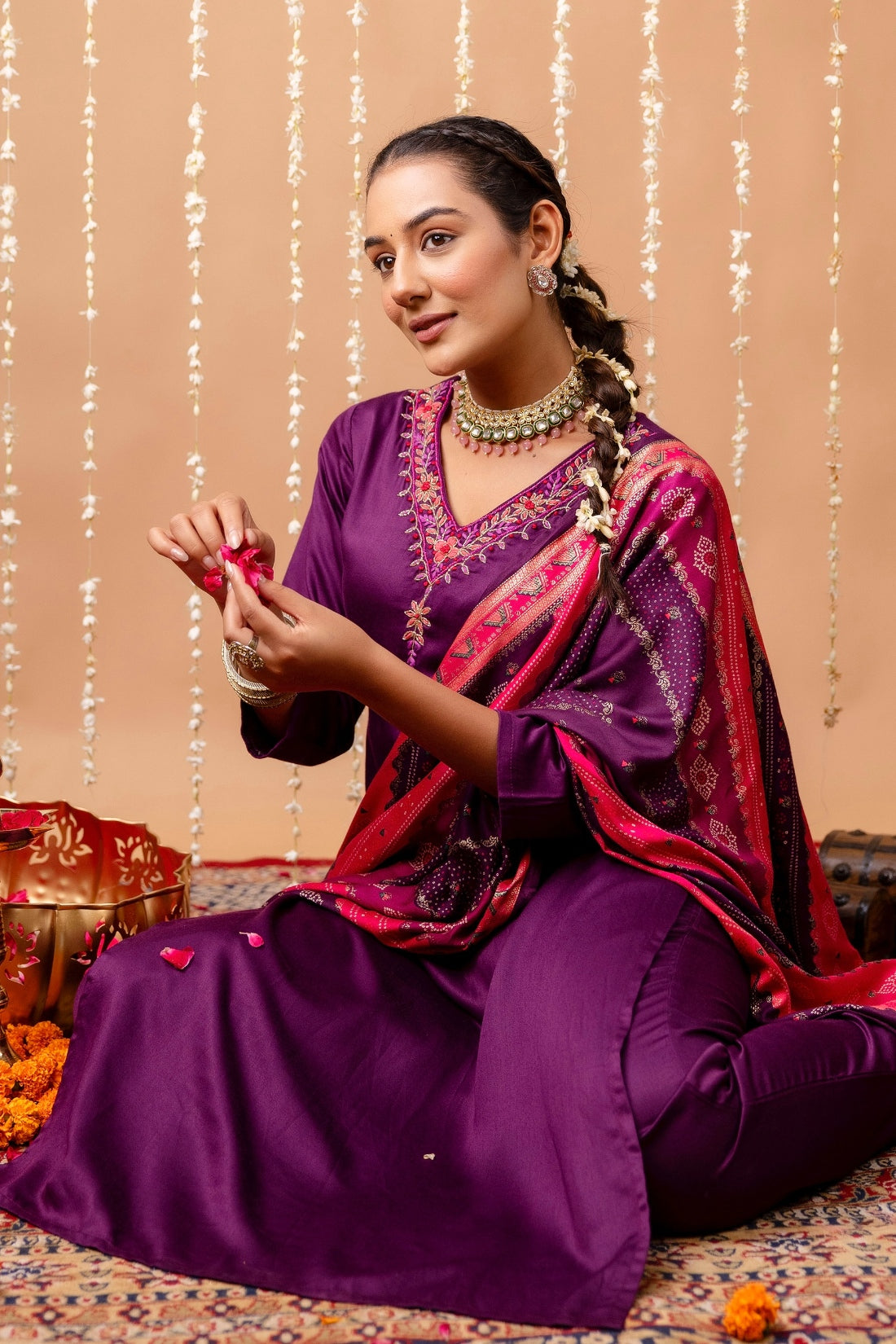 Purple V-neck Hand Embroidered Gaji Silk Kurta Set with Bandhej Dupatta and Trousers