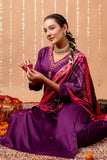Purple V-neck Hand Embroidered Gaji Silk Kurta Set with Bandhej Dupatta and Trousers