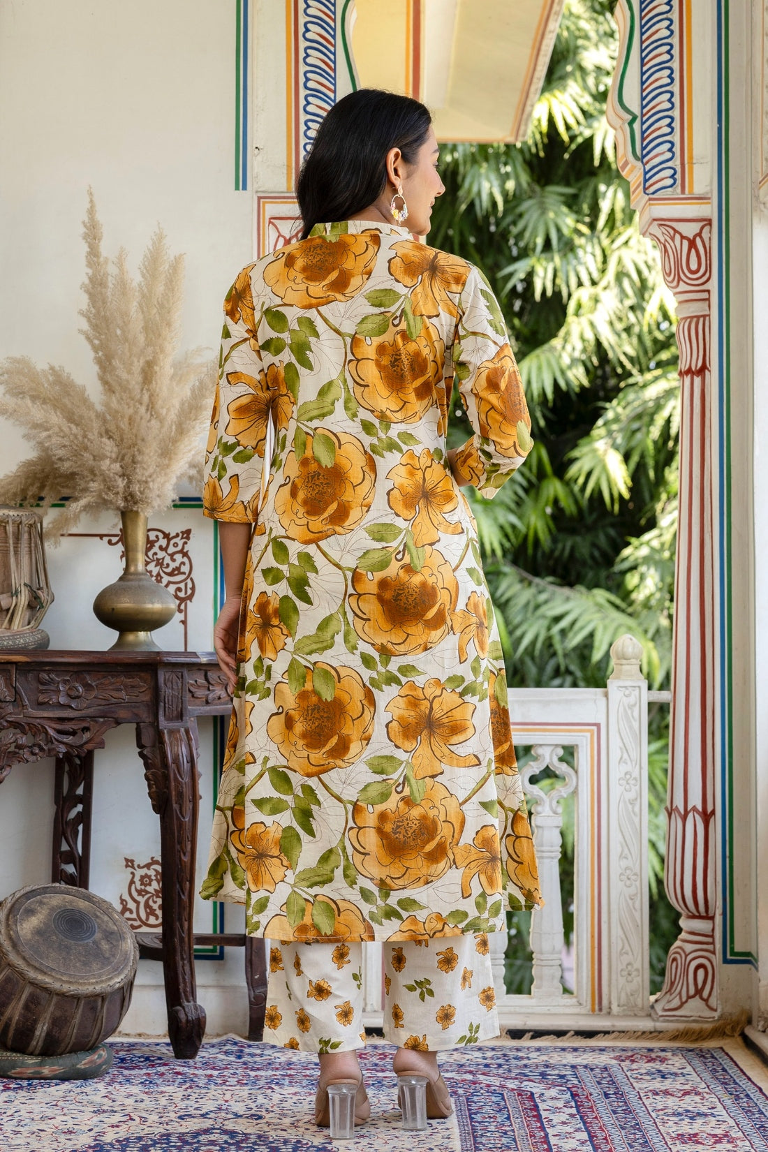 Floral Print A-line Cotton Suit Set with Palazzo Pants and Dupatta