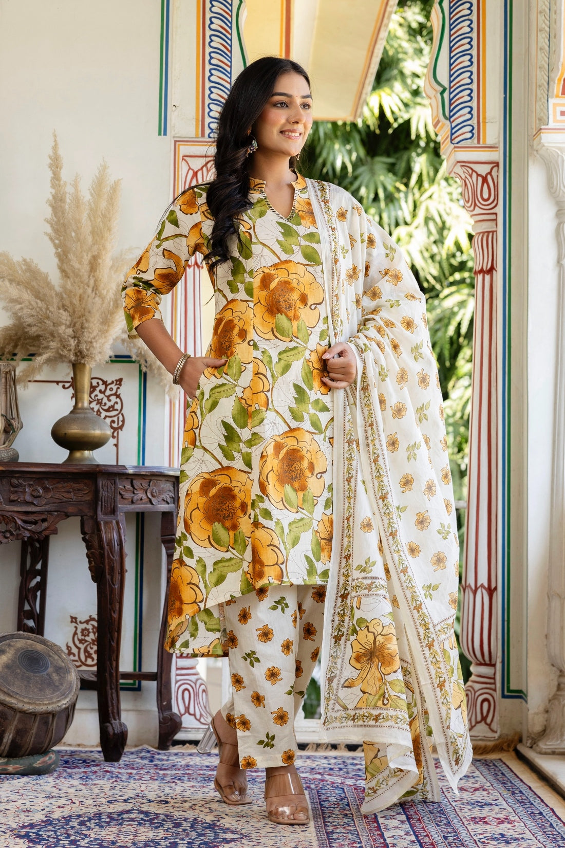 Floral Print A-line Cotton Suit Set with Palazzo Pants and Dupatta