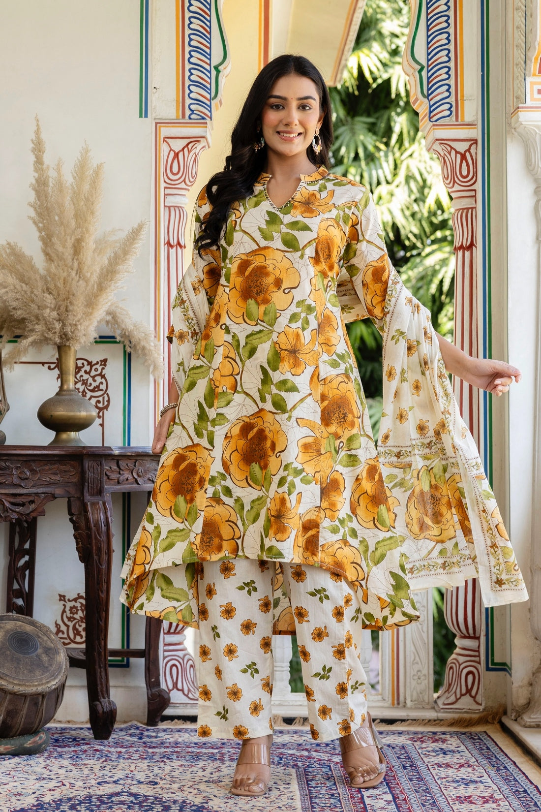 Floral Print A-line Cotton Suit Set with Palazzo Pants and Dupatta