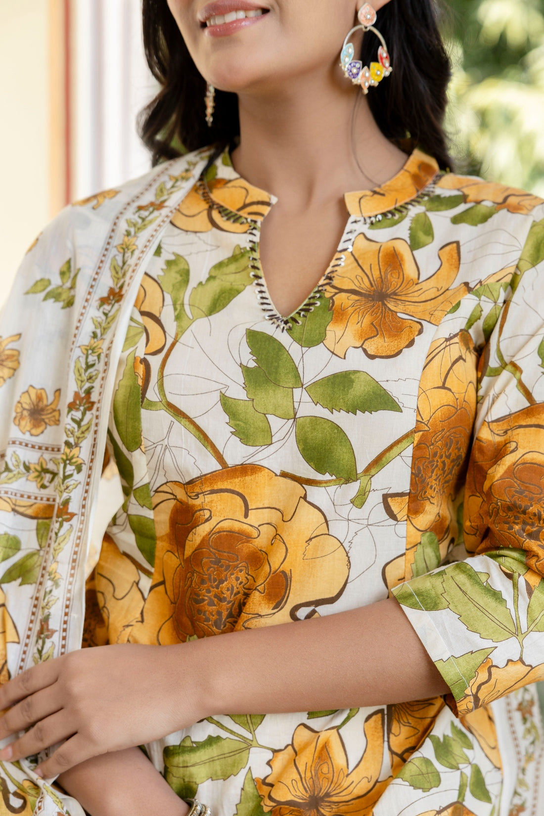 Floral Print A-line Cotton Suit Set with Palazzo Pants and Dupatta