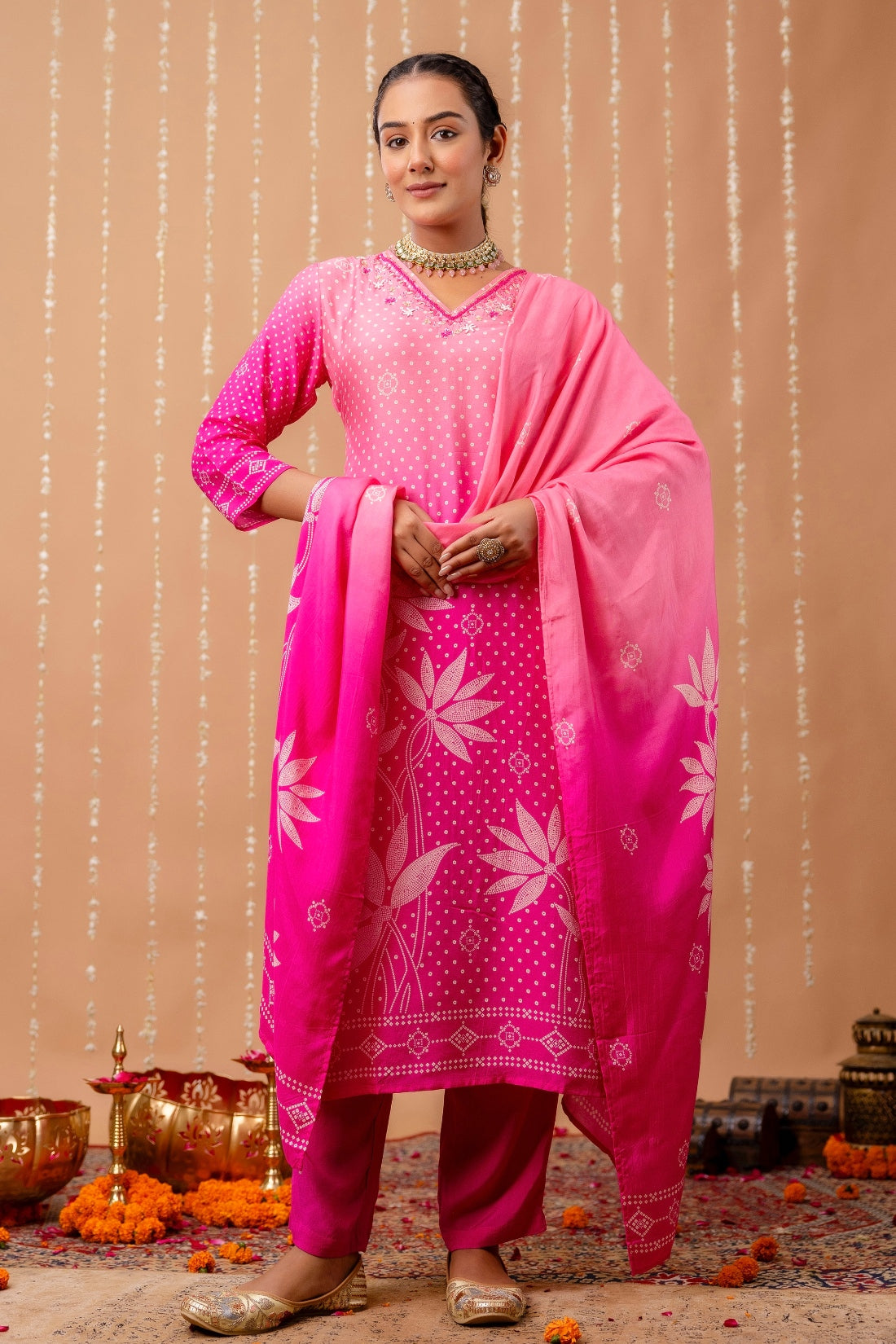 Rani Pink Bandhej Festive Viscose Kurta Set with Trousers and Dupatta