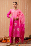 Rani Pink Bandhej Festive Viscose Kurta Set with Trousers and Dupatta