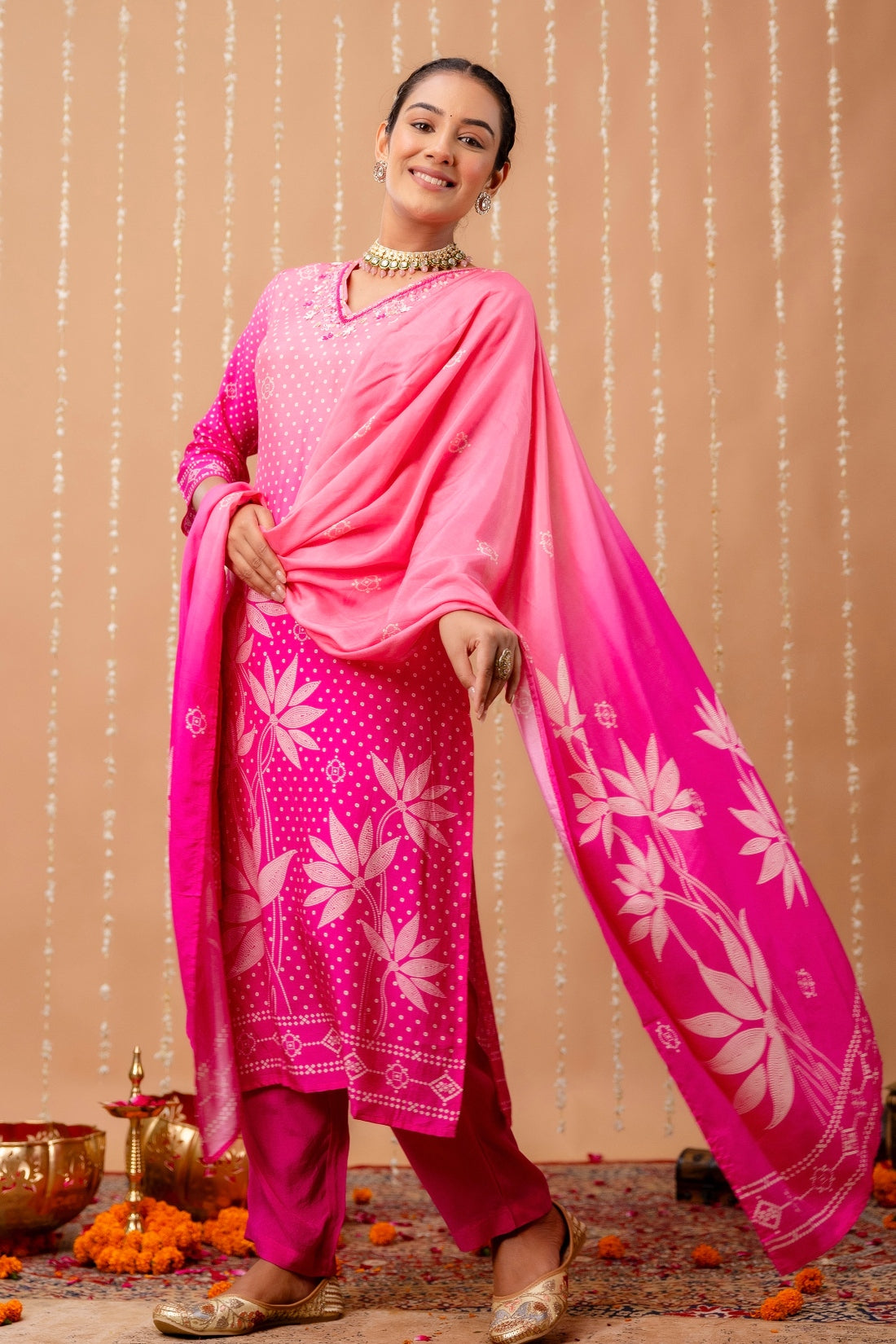 Rani Pink Bandhej Festive Viscose Kurta Set with Trousers and Dupatta