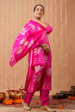 Rani Pink Bandhej Festive Viscose Kurta Set with Trousers and Dupatta