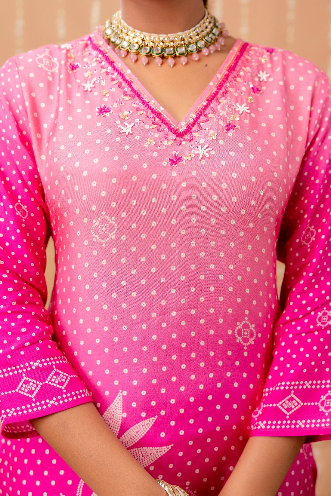 Rani Pink Bandhej Festive Viscose Kurta Set with Trousers and Dupatta