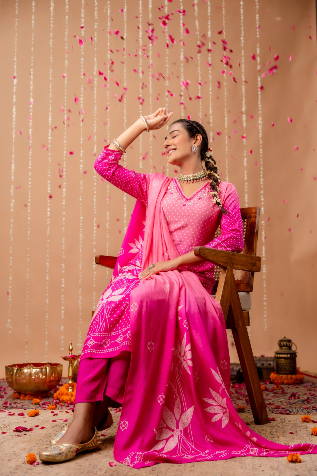 Rani Pink Bandhej Festive Viscose Kurta Set with Trousers and Dupatta