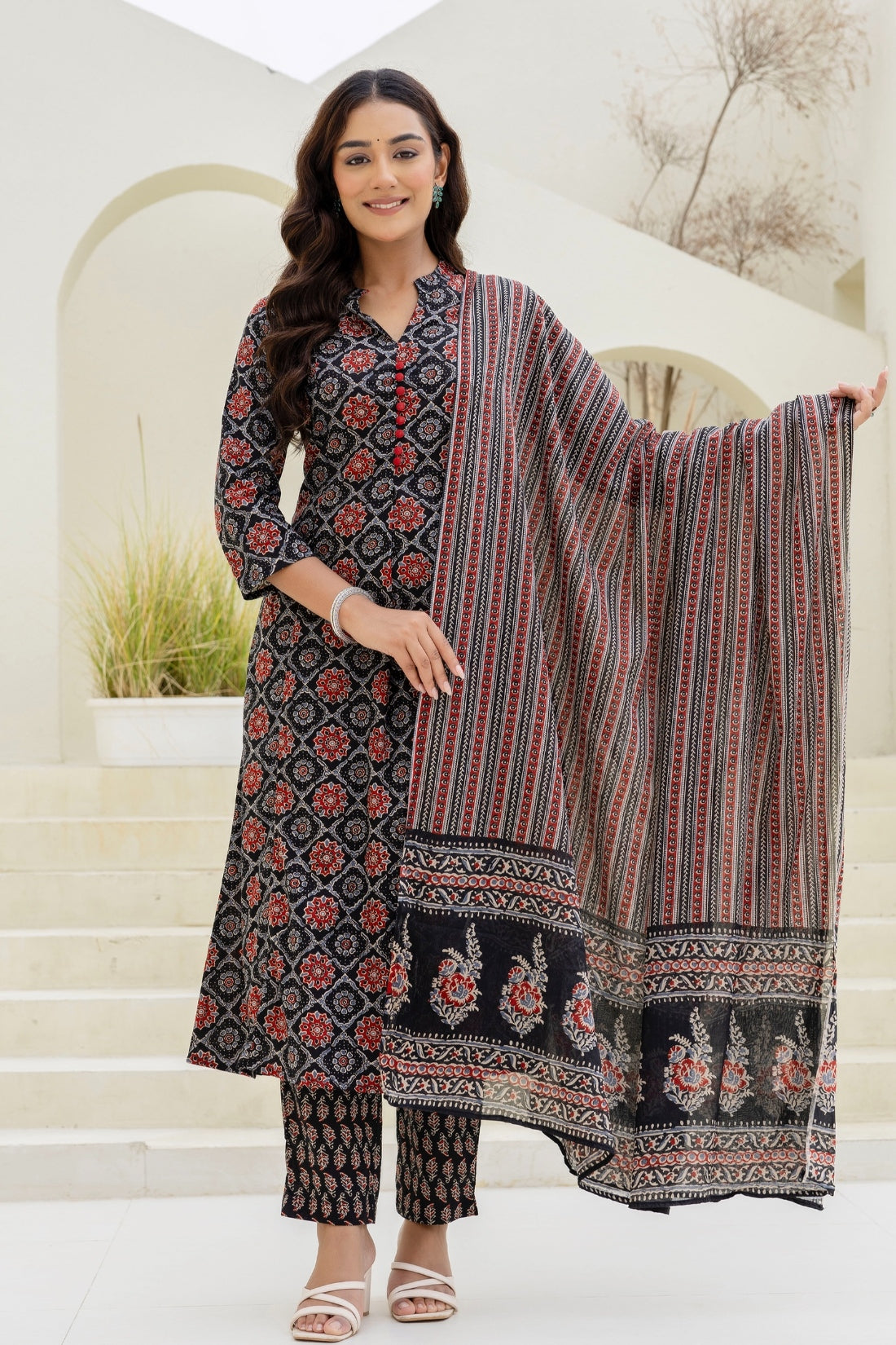 Black Ajrakh Print A-line Suit set with Trousers and Dupatta