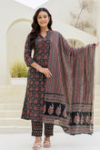 Black Ajrakh Print A-line Suit set with Trousers and Dupatta