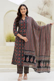 Black Ajrakh Print A-line Suit set with Trousers and Dupatta