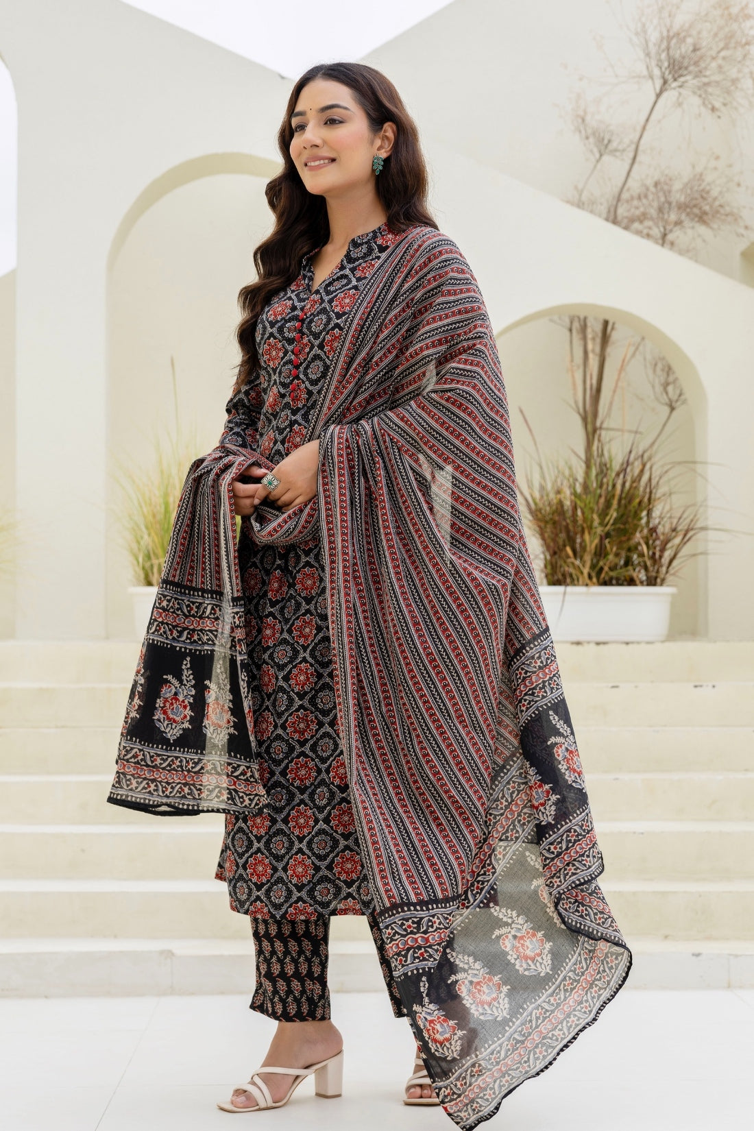 Black Ajrakh Print A-line Suit set with Trousers and Dupatta