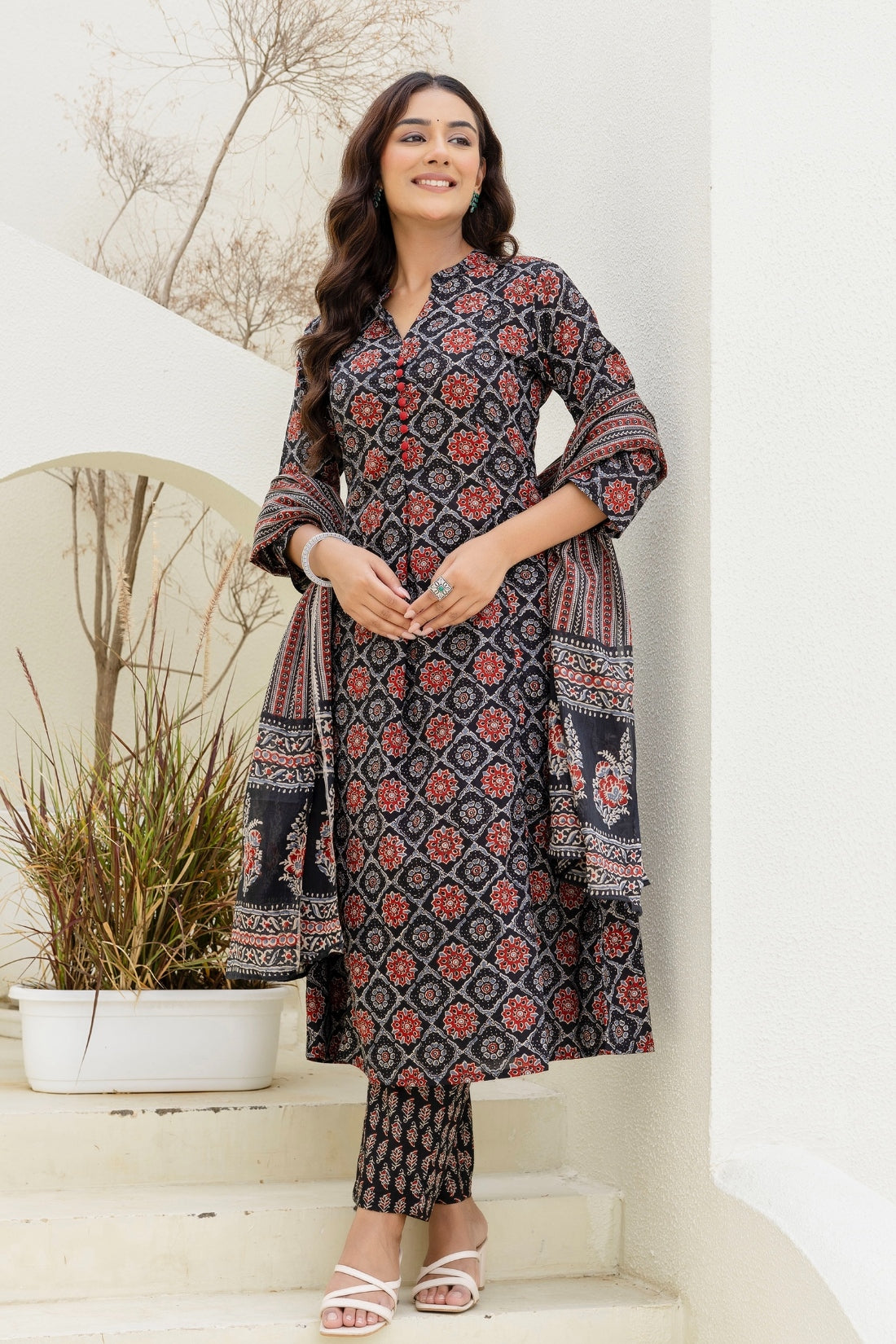 Black Ajrakh Print A-line Suit set with Trousers and Dupatta