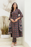Black Ajrakh Print A-line Suit set with Trousers and Dupatta