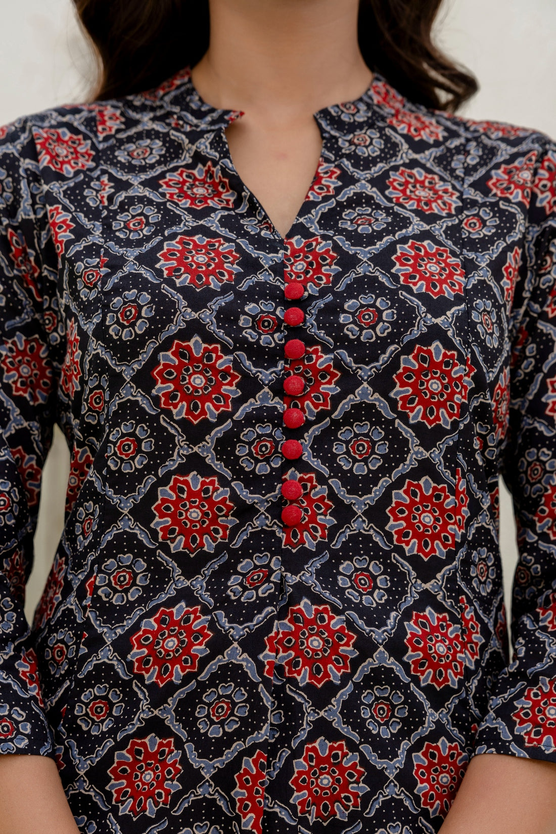 Black Ajrakh Print A-line Suit set with Trousers and Dupatta