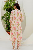 Peach Collar Neck Floral Kurta Set with Trousers and Dupatta