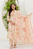 Peach Collar Neck Floral Kurta Set with Trousers and Dupatta