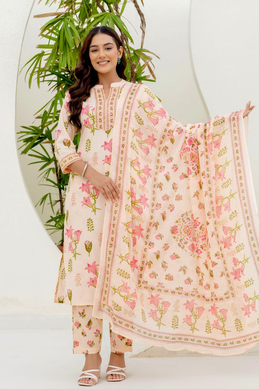 Peach Collar Neck Floral Kurta Set with Trousers and Dupatta