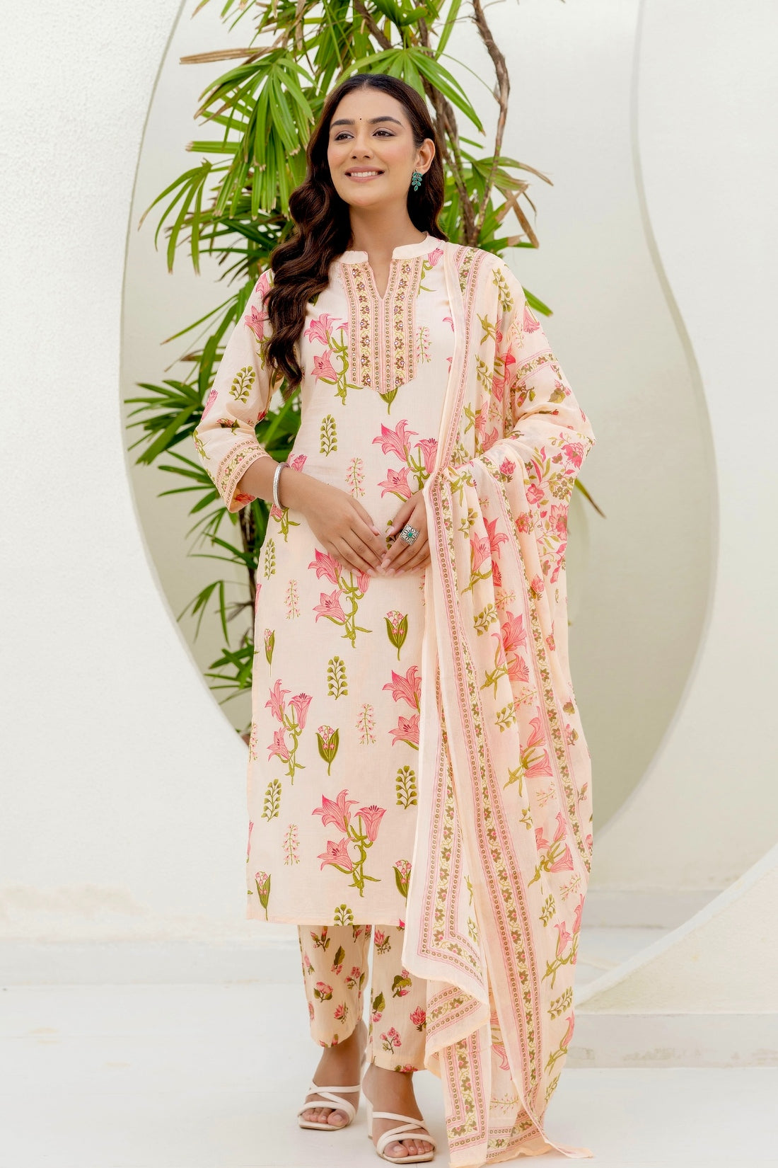 Peach Collar Neck Floral Kurta Set with Trousers and Dupatta