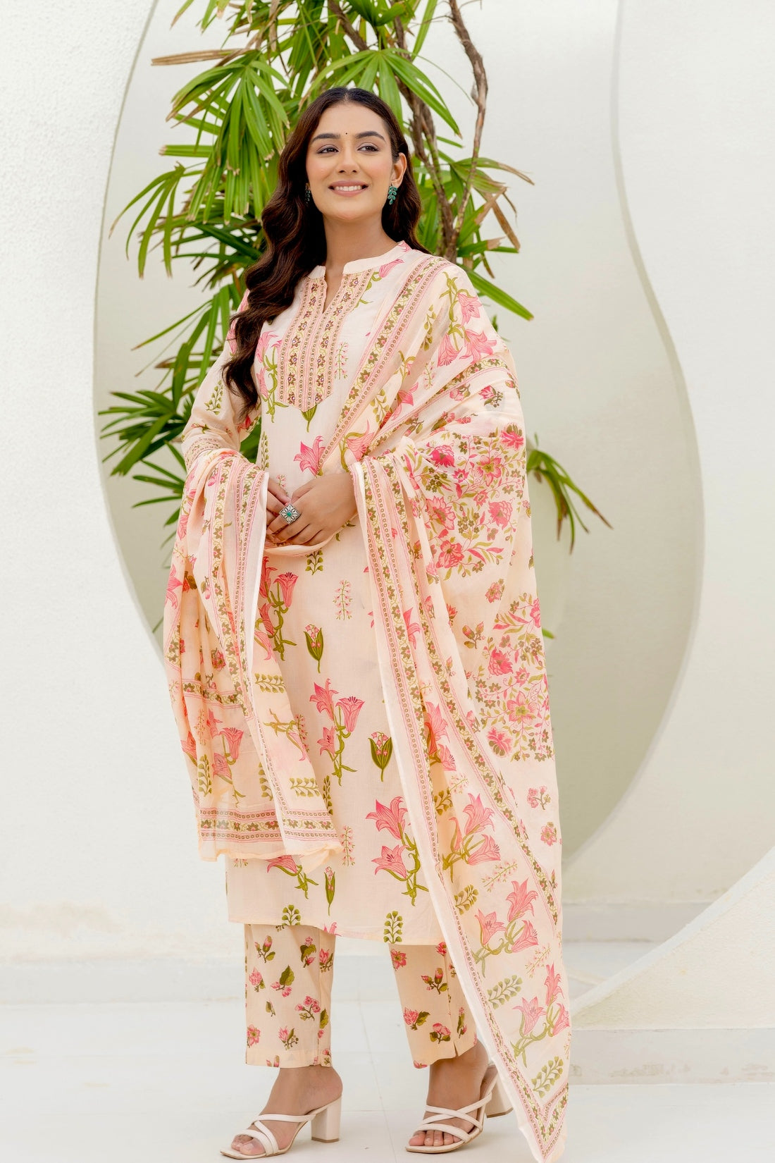 Peach Collar Neck Floral Kurta Set with Trousers and Dupatta
