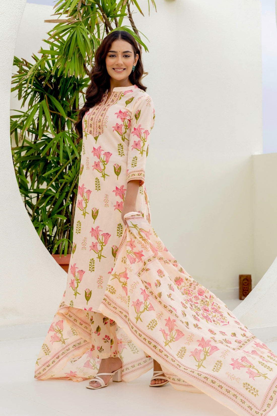 Peach Collar Neck Floral Kurta Set with Trousers and Dupatta