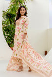 Peach Collar Neck Floral Kurta Set with Trousers and Dupatta