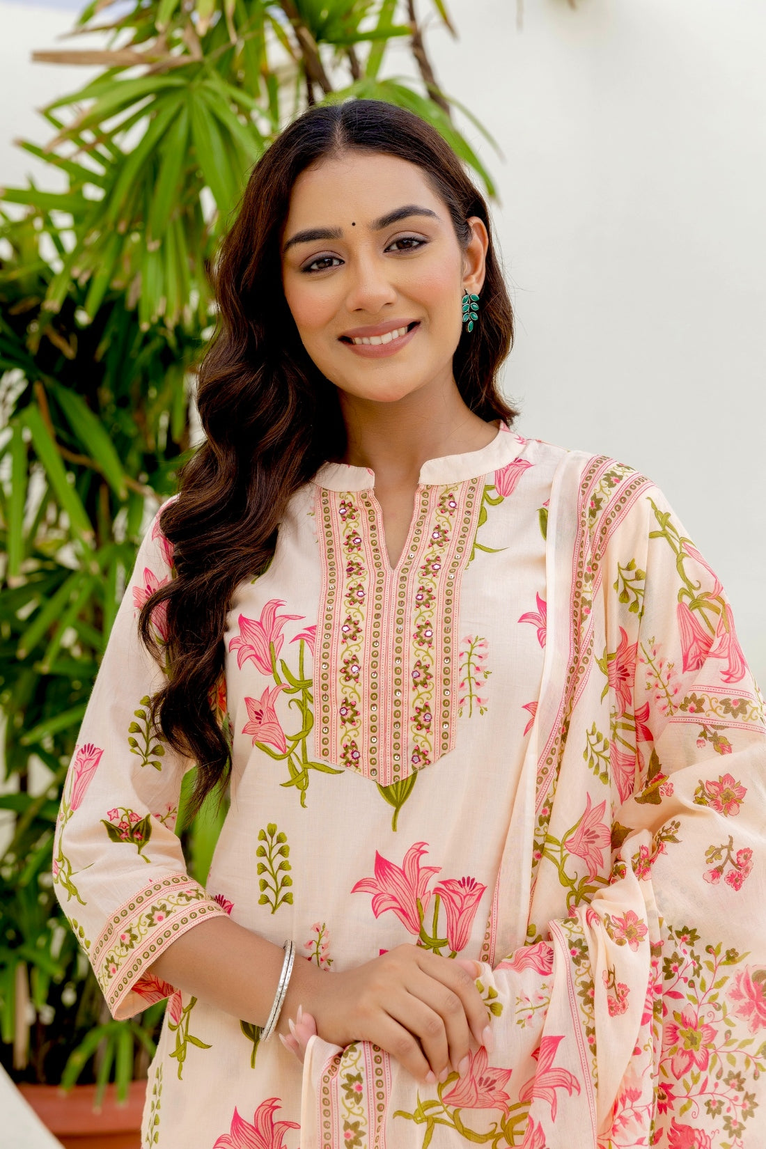 Peach Collar Neck Floral Kurta Set with Trousers and Dupatta
