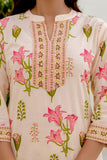 Peach Collar Neck Floral Kurta Set with Trousers and Dupatta