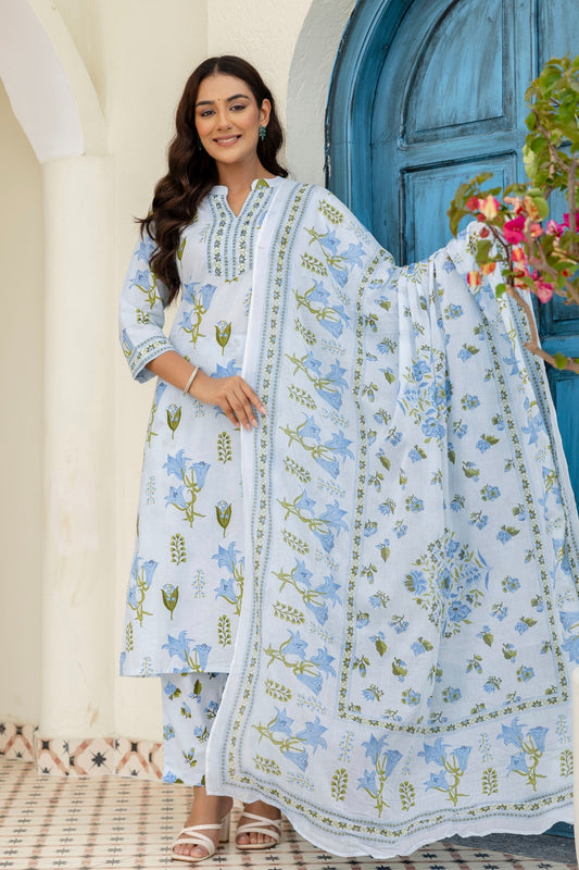 Sky Blue Collar Neck Floral Kurta Set with Trousers and Dupatta