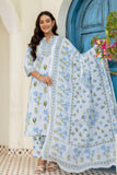 Sky Blue Collar Neck Floral Kurta Set with Trousers and Dupatta