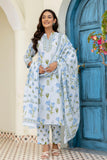 Sky Blue Collar Neck Floral Kurta Set with Trousers and Dupatta