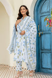 Sky Blue Collar Neck Floral Kurta Set with Trousers and Dupatta