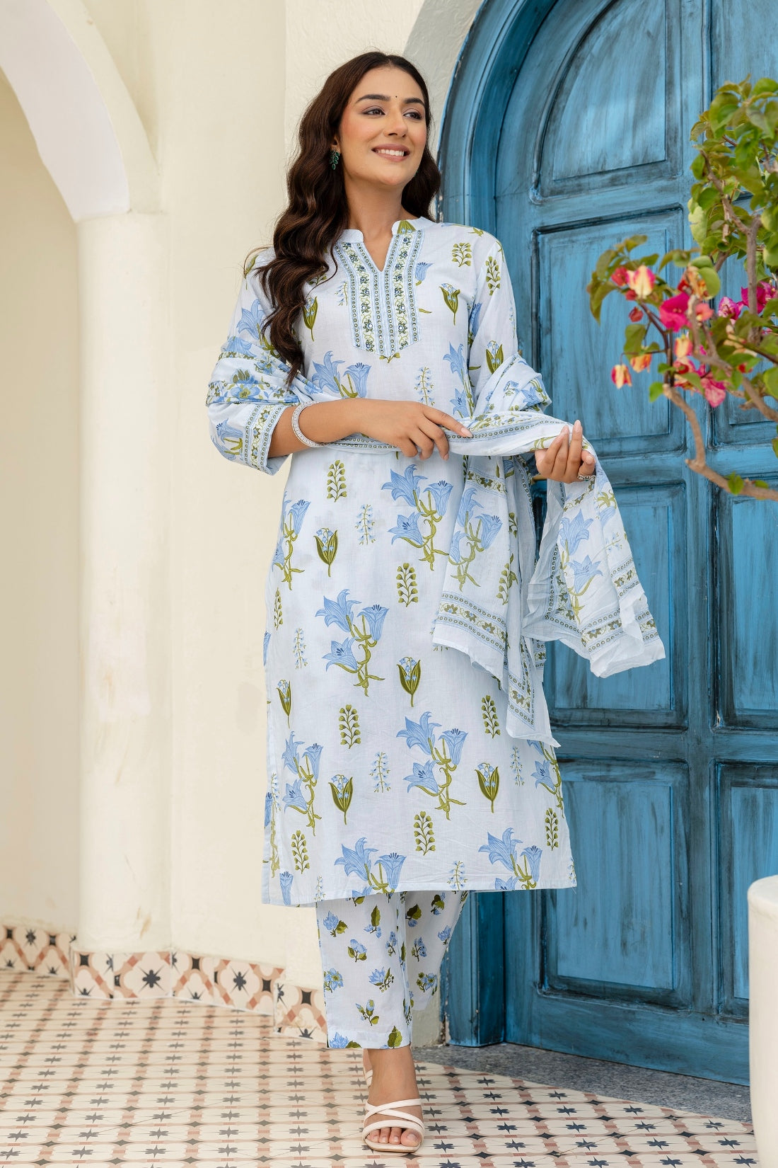 Sky Blue Collar Neck Floral Kurta Set with Trousers and Dupatta
