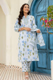 Sky Blue Collar Neck Floral Kurta Set with Trousers and Dupatta