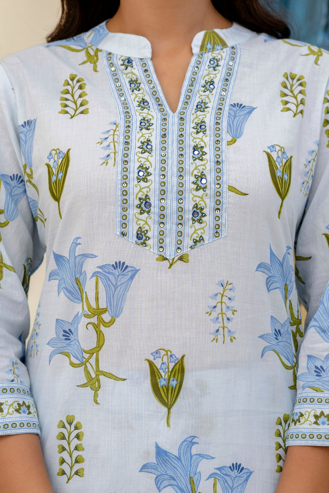 Sky Blue Collar Neck Floral Kurta Set with Trousers and Dupatta