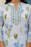 Sky Blue Collar Neck Floral Kurta Set with Trousers and Dupatta