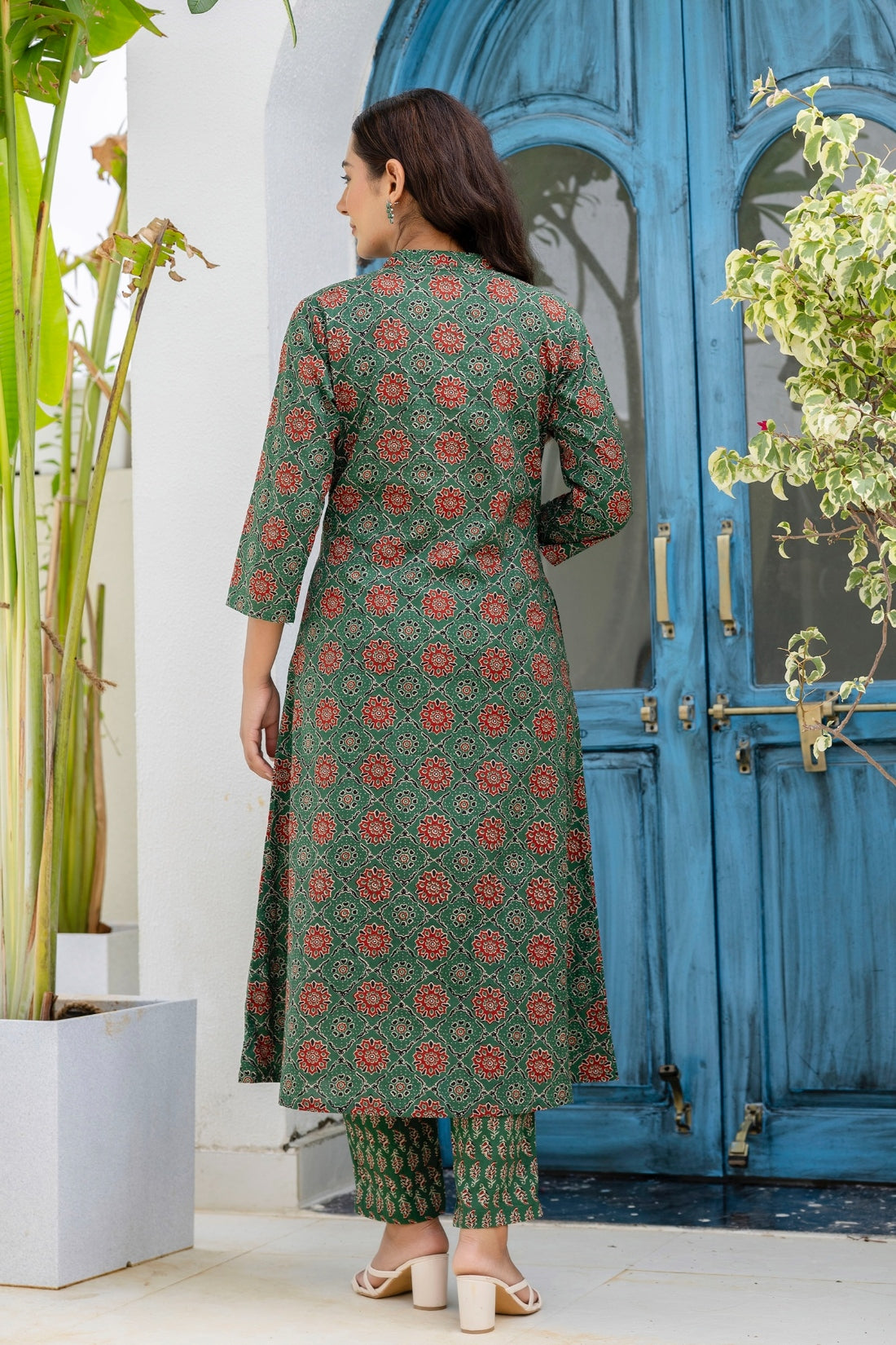 Green Ajrakh Print A-line Suit set with Trousers and Dupatta