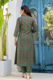 Green Ajrakh Print A-line Suit set with Trousers and Dupatta