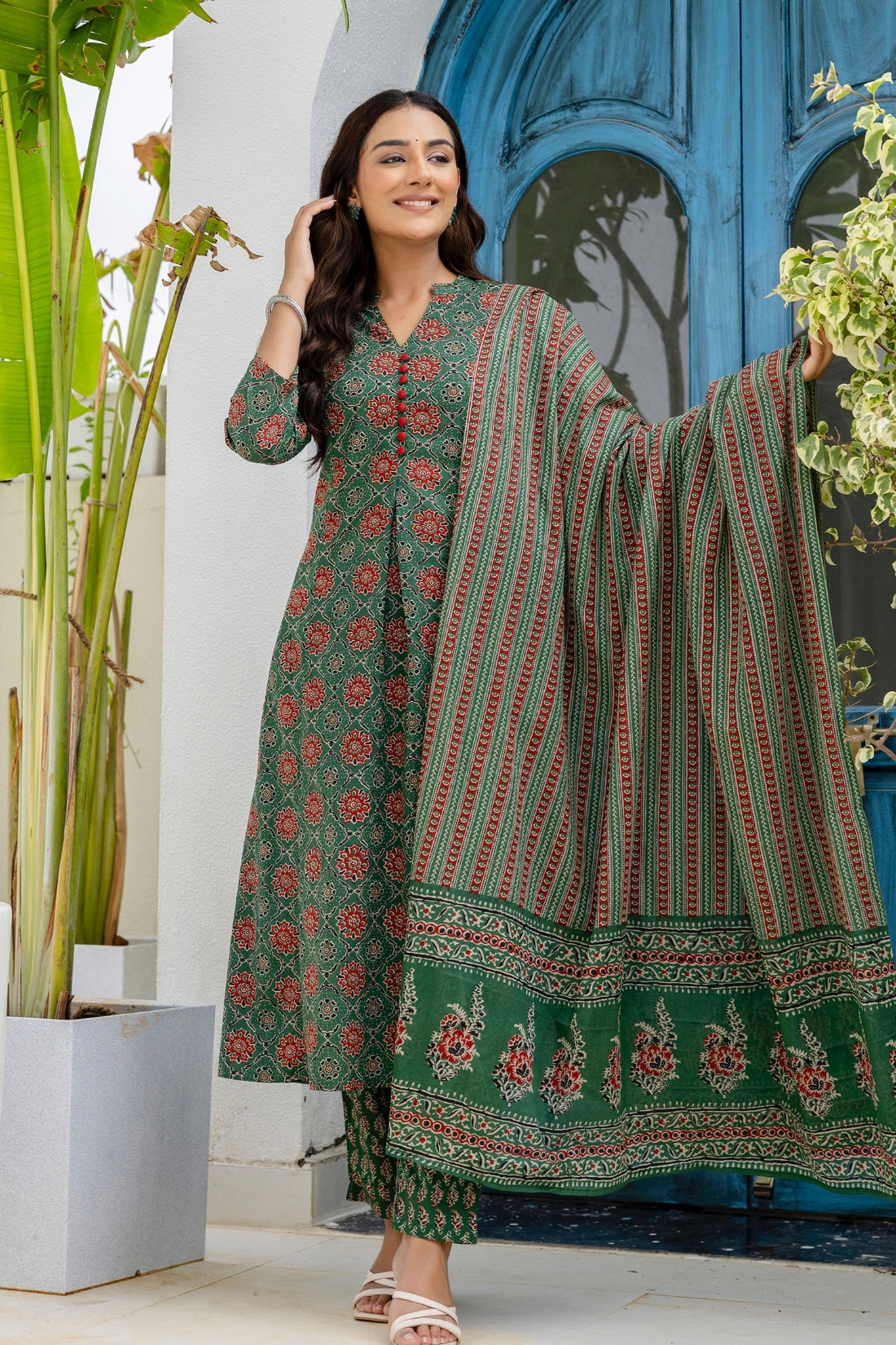 Green Ajrakh Print A-line Suit set with Trousers and Dupatta