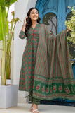 Green Ajrakh Print A-line Suit set with Trousers and Dupatta